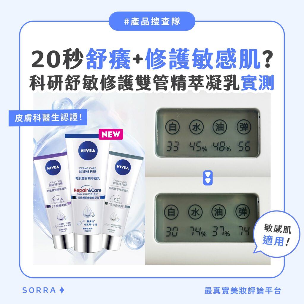 【產品搜查隊】20秒舒癢 + 修護敏感肌?NIVEA DERMA CARE科研舒敏修護雙管精萃凝乳實測