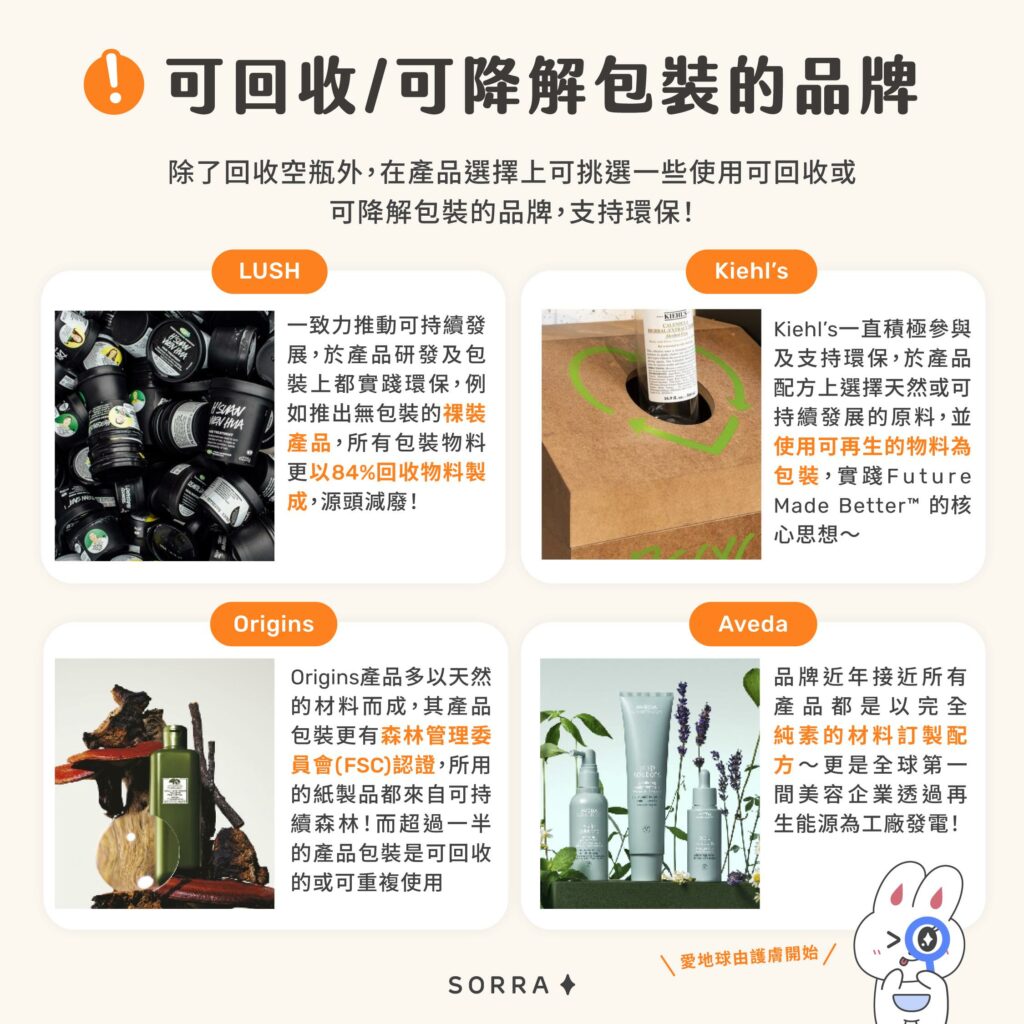 可回收/可降解包裝的品牌：LUSH、Kiehl's、Origins、Aveda