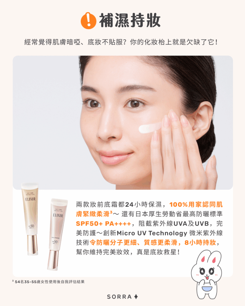 補濕持妝

經常覺得肌膚暗啞、底妝不貼服？你的化妝枱上就是欠缺了它！

兩款妝前底霜都24小時長效保濕，100%用家認同肌膚緊緻柔滑3～還有日本厚生勞動省最高防曬標準SPF50+ PA++++，阻截紫外線UVA及UVB，完美防護～創新Micro UV Technology微米紫外線技術令防曬分子更細、質感更柔滑，8小時持妝，幫你維持完美妝效，真是底妝救星！

3 54名35-55歲女性使用後自我評估結果