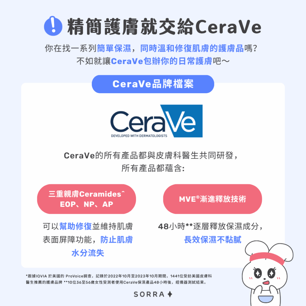 精簡護膚就交給CeraVe！
你在找一系列簡單保濕，同時溫和修復肌膚的護膚品嗎？不如就讓CeraVe包辦你的日常護膚吧～

CeraVe品牌檔案

CeraVe 的所有產品都與皮膚科醫生共同研發，所有產品都蘊含：