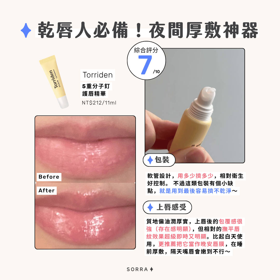 Torriden 5重分子釘護唇精華的包裝設計、上唇感受綜合實評