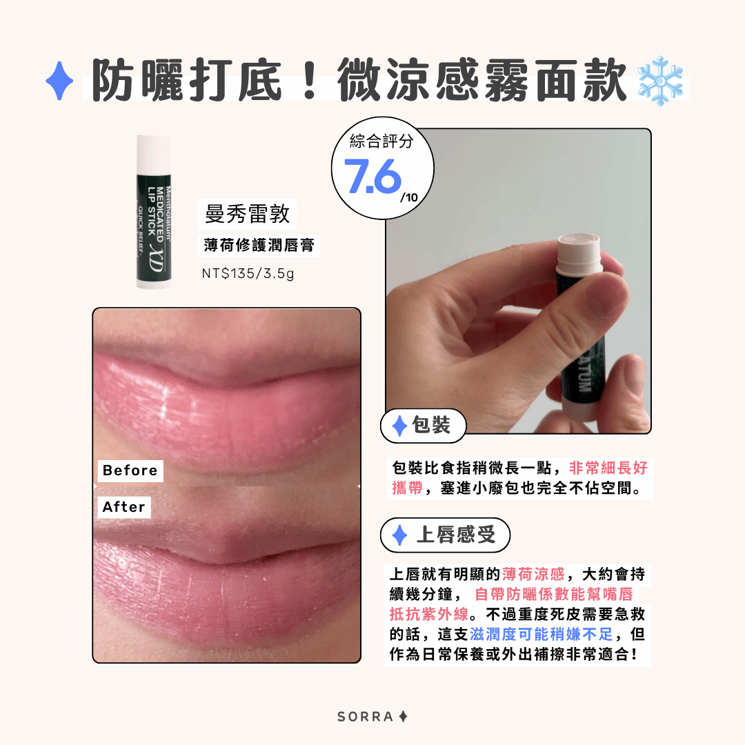 曼秀雷敦 薄荷修護潤唇膏的包裝設計、上唇感受綜合實評