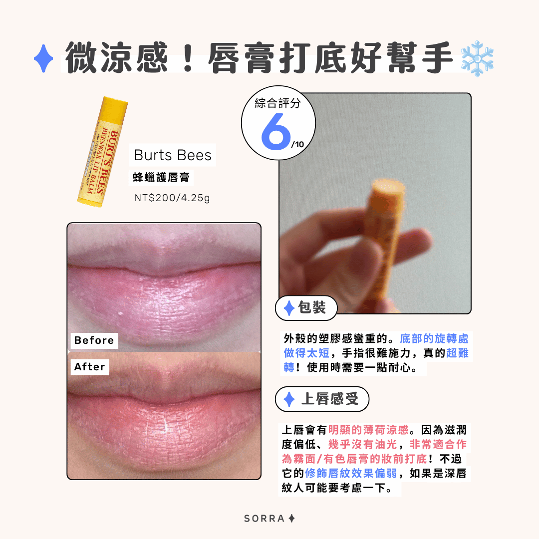 Burts Bees 蜂蠟護唇膏的包裝設計、上唇感受綜合實評